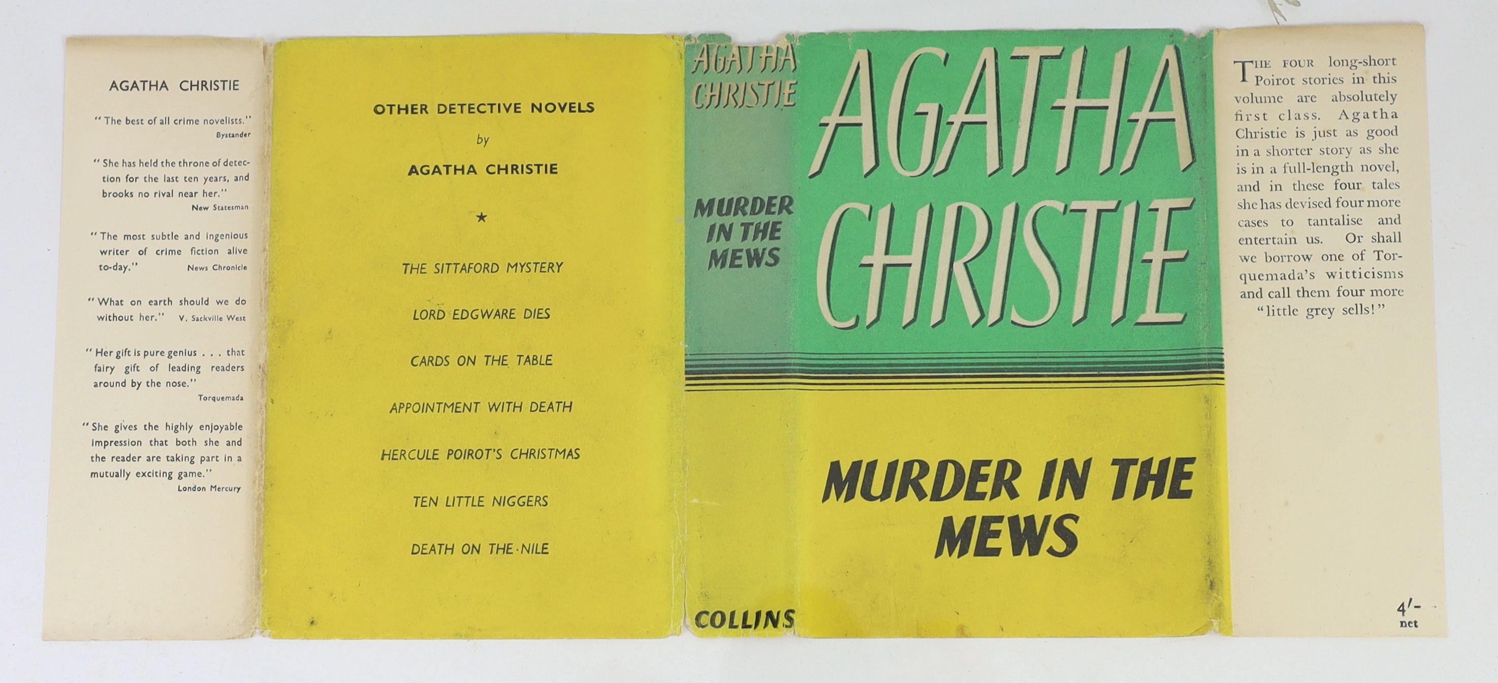 Christie, Agatha - Towards Zero, 1st edition, 8vo, cloth, in torn, unclipped d/j, ownership inscription to front fly leaf, The Crime Club, London, 1944 and Murder in the Mews, 3rd impression, 8vo, cloth, in unclipped d/j